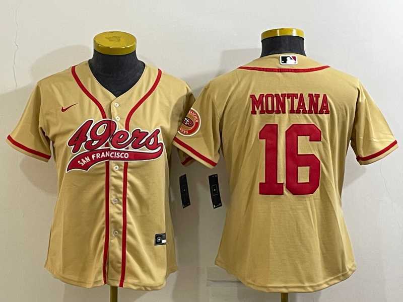 Women%27s San Francisco 49ers #16 Joe Montana Gold With Patch Cool Base Stitched Baseball Jersey